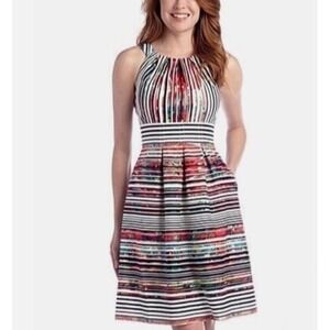 NINE WEST Womens Sleeveless Pleat Neck Fit-and-Flare Size 14 Striped Knee Length